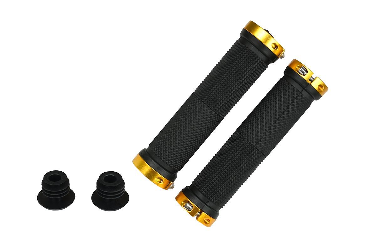 Грипсы MTB ST-13, 135мм, с 2 грипстопами, под шестигранник, черно-золотые